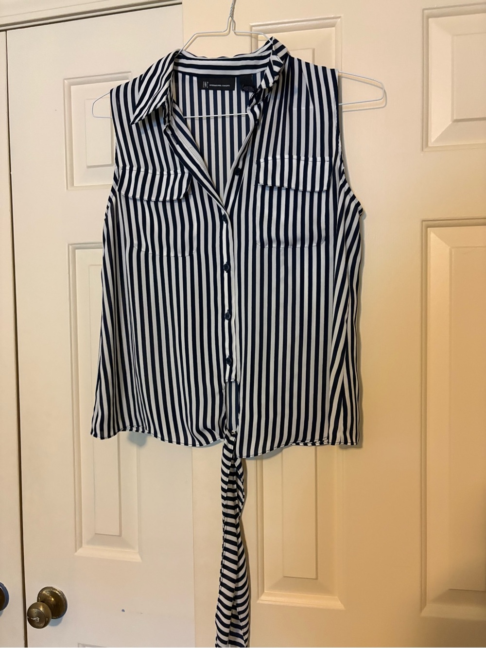 Incotex Navy and White Vertical Stripe Tie-Front Sleeveless Blouse